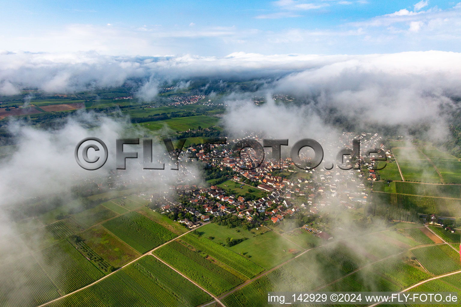 Village from northeast under clouds in Klingenmünster in the state Rhineland-Palatinate, Germany