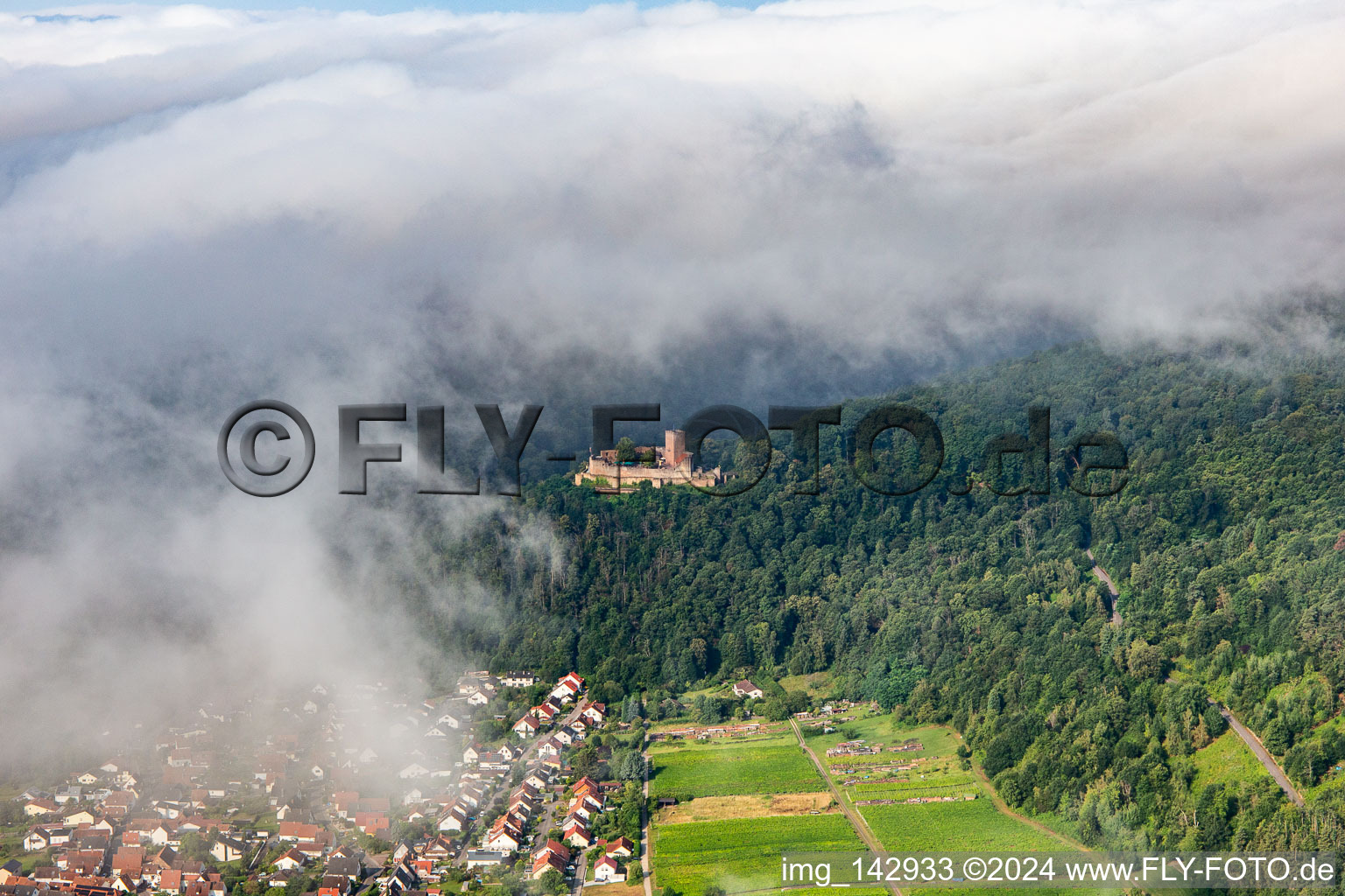 Landeck Castle in the morning under low clouds in Klingenmünster in the state Rhineland-Palatinate, Germany