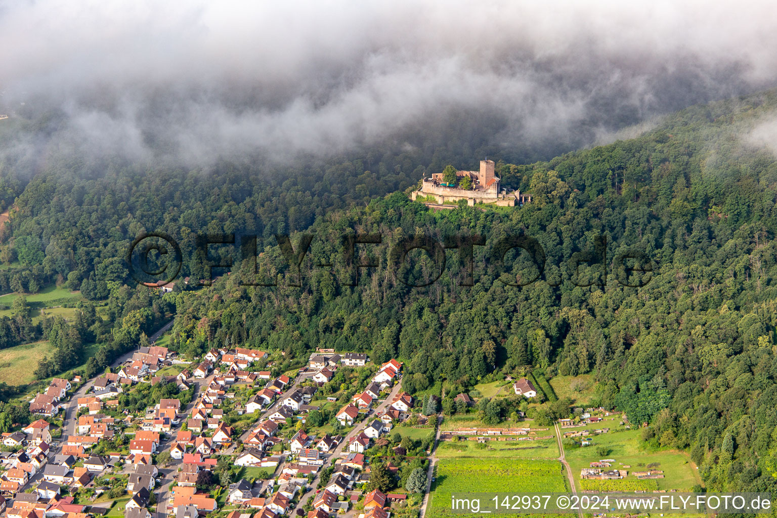 Aerial photograpy of Landeck Castle in the morning under low clouds in Klingenmünster in the state Rhineland-Palatinate, Germany