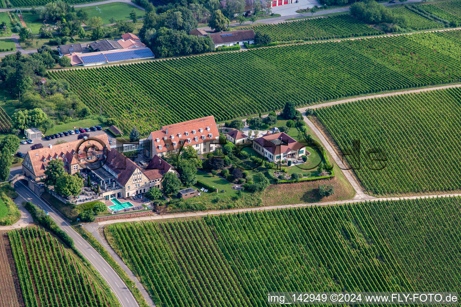 4-star hotel Leinsweiler courtyard between vineyards in the morning in Leinsweiler in the state Rhineland-Palatinate, Germany