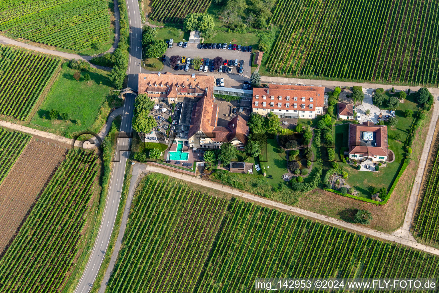 Oblique view of 4-star hotel Leinsweiler courtyard between vineyards in the morning in Leinsweiler in the state Rhineland-Palatinate, Germany