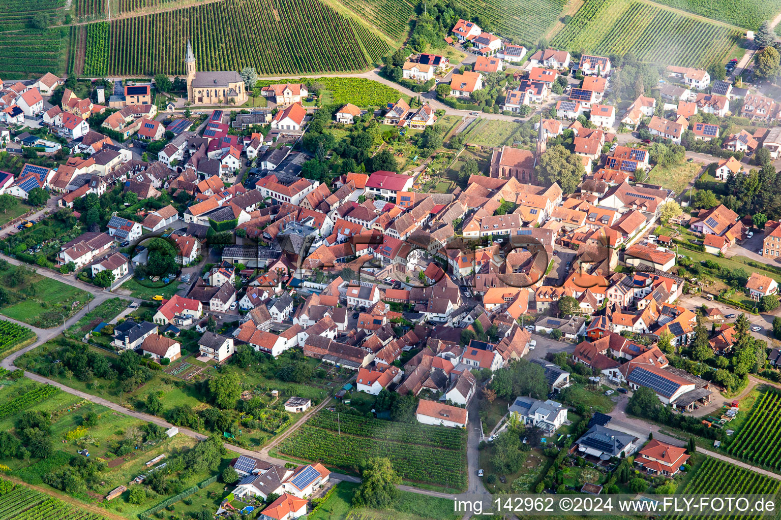 Aerial view of Wine town from the south in Birkweiler in the state Rhineland-Palatinate, Germany