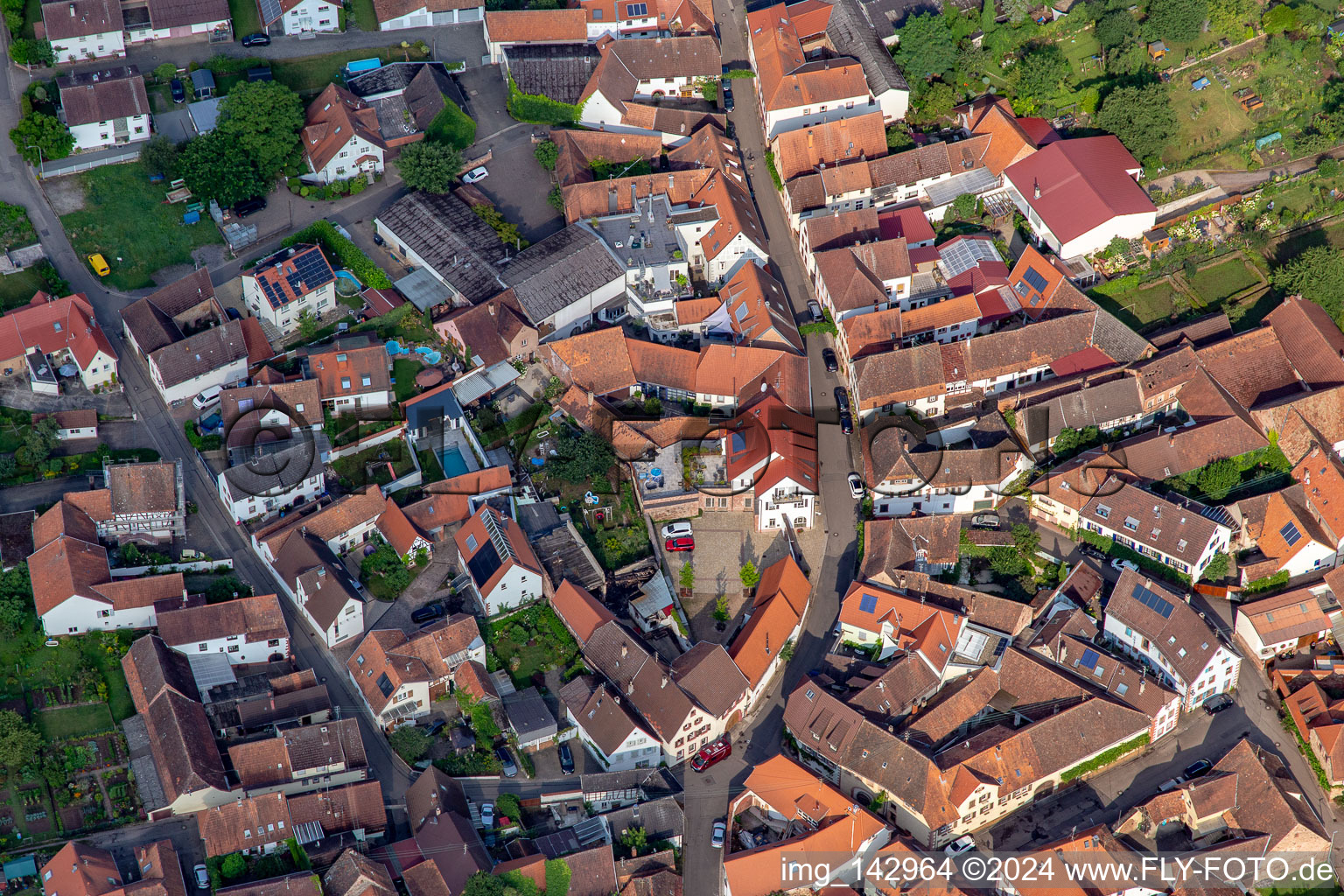 Aerial view of Main Street in Birkweiler in the state Rhineland-Palatinate, Germany