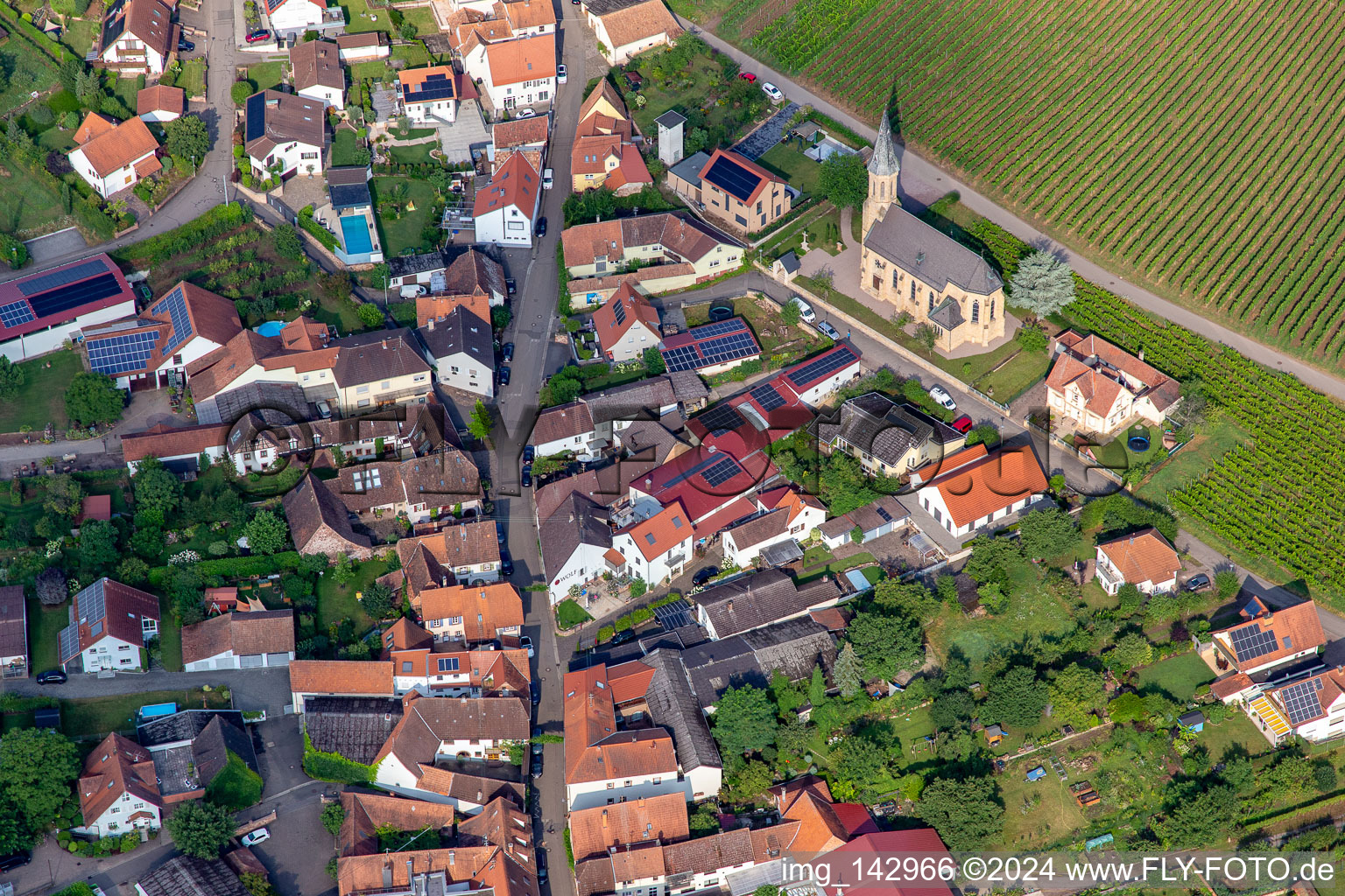 Catholic Church of St. Bartholomew below the vineyards on the Daschberg in Birkweiler in the state Rhineland-Palatinate, Germany