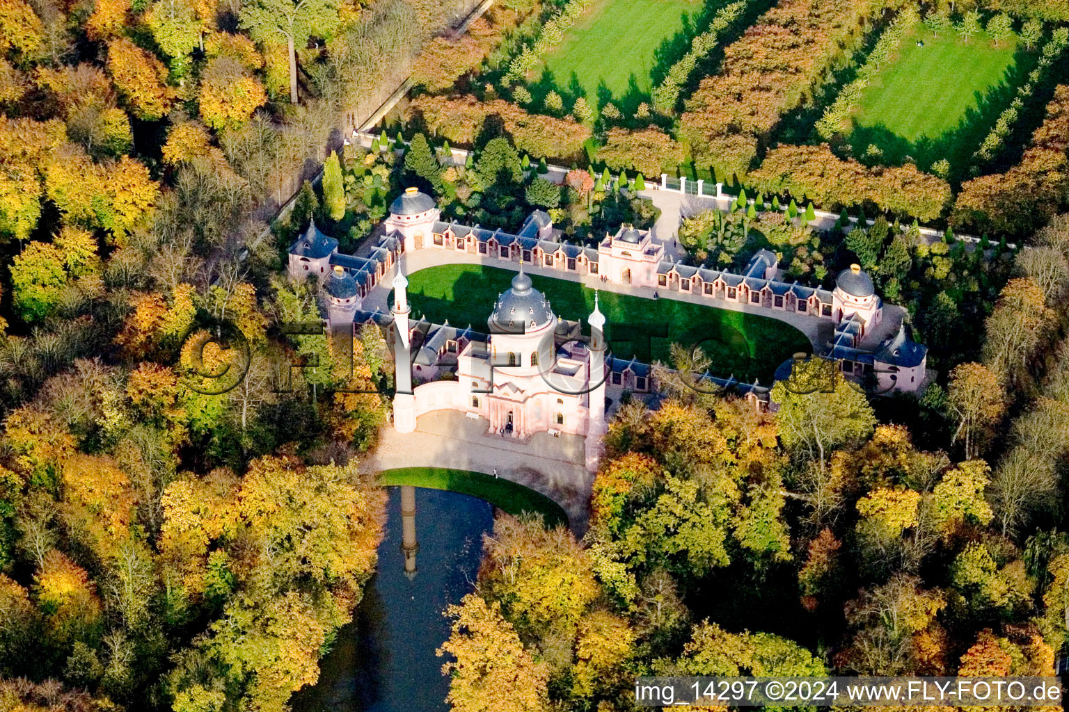 Aerial photograpy of Building of the mosque in Schlossgarten in Schwetzingen in the state Baden-Wurttemberg, Germany