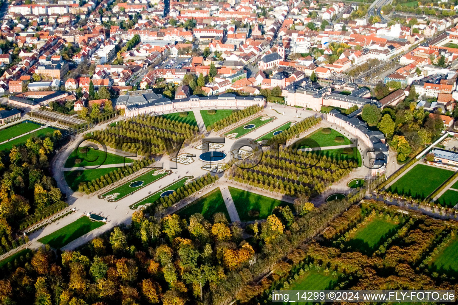 Rokoko Park of Gardens and Castle of Schwetzingen in Schwetzingen in the state Baden-Wurttemberg, Germany from above