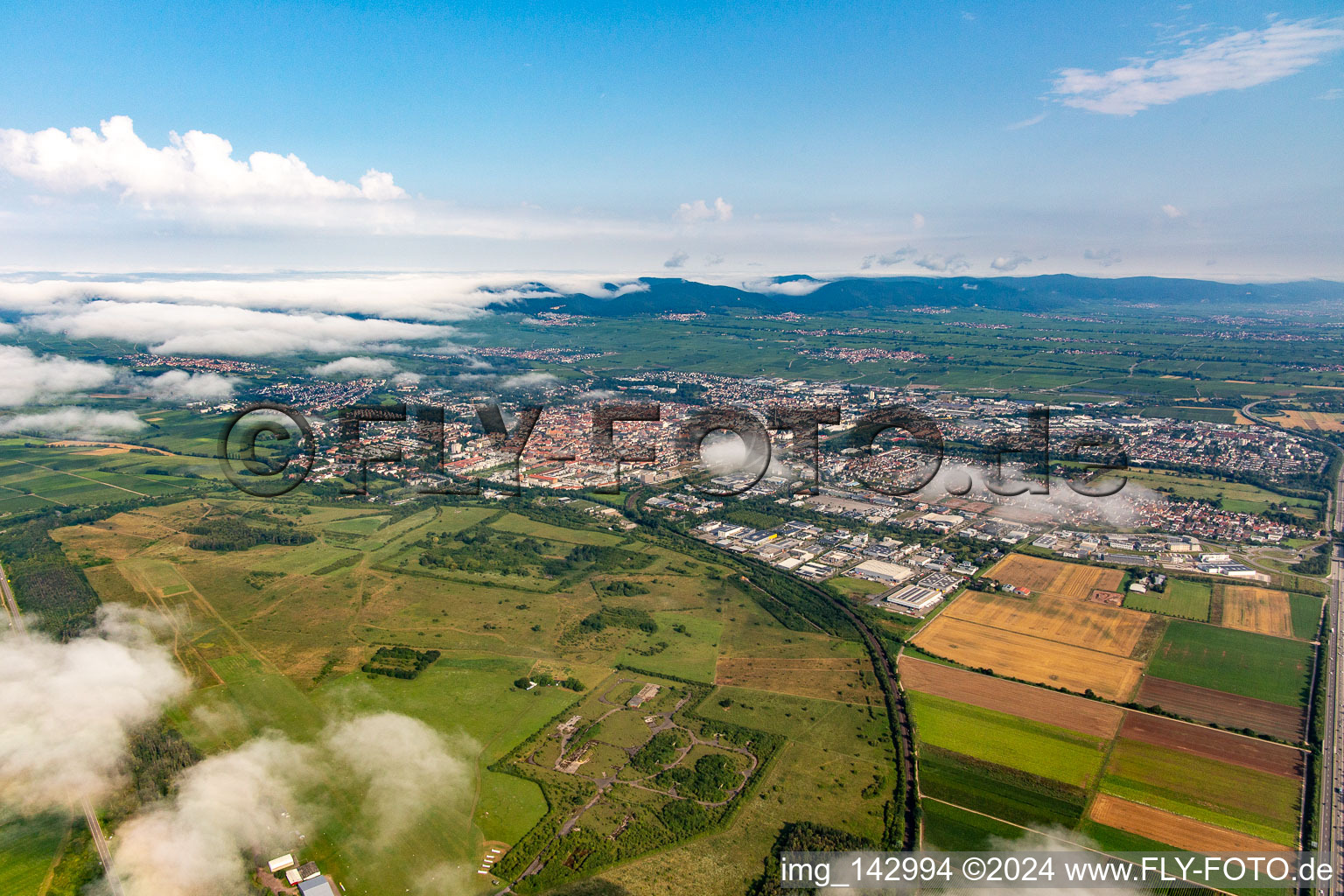 City under clouds in the morning from southeast in Landau in der Pfalz in the state Rhineland-Palatinate, Germany