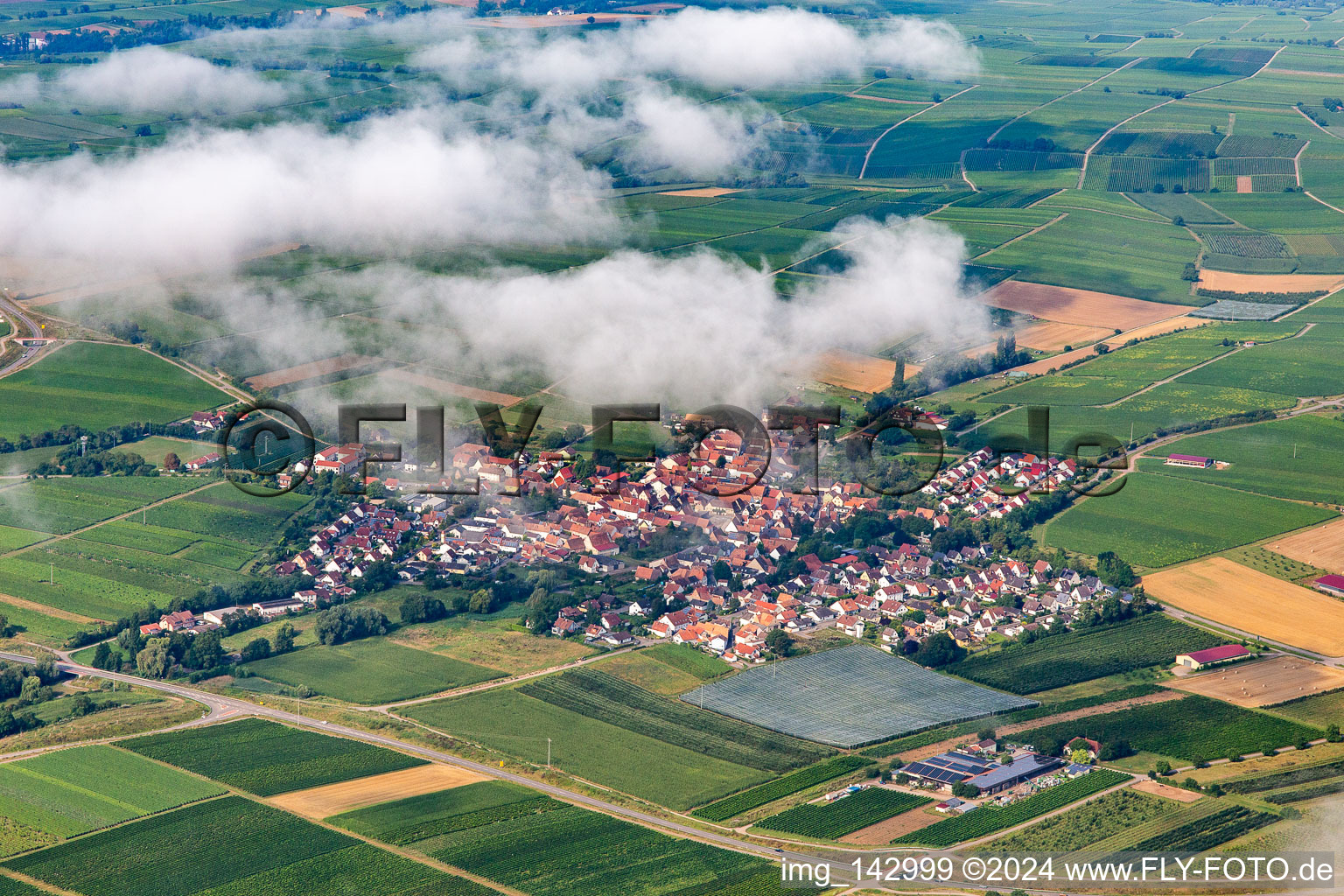 Aerial view of Village under clouds from the northeast in Impflingen in the state Rhineland-Palatinate, Germany