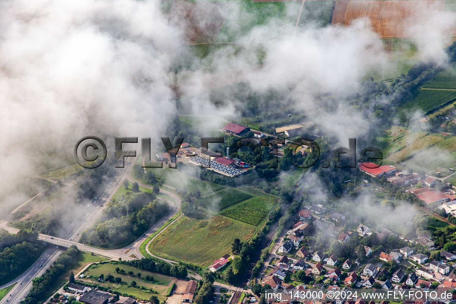 Low clouds over the geothermal power plant Insheim in Insheim in the state Rhineland-Palatinate, Germany