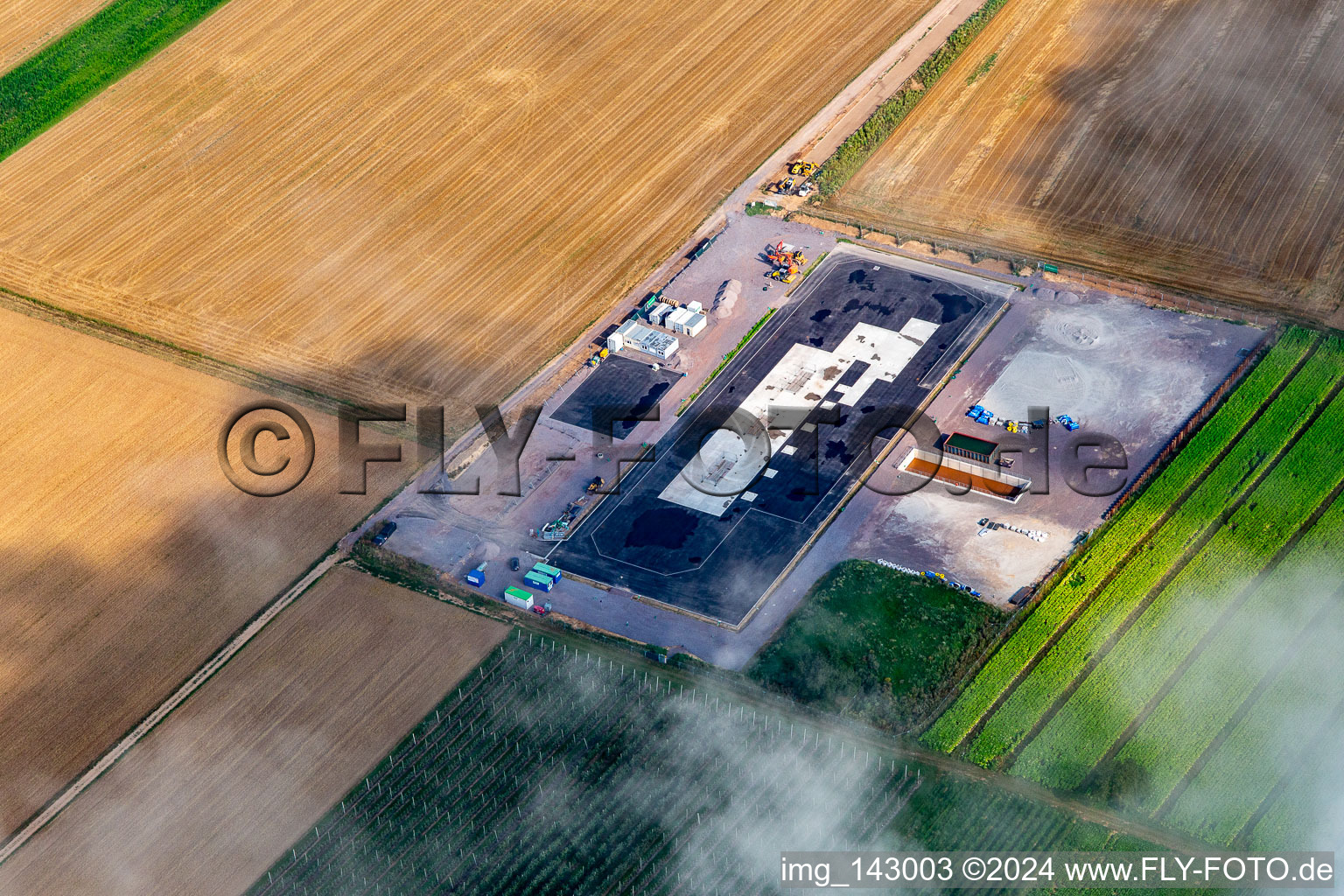 Aerial view of Construction site for an agricultural warehouse in Insheim in the state Rhineland-Palatinate, Germany