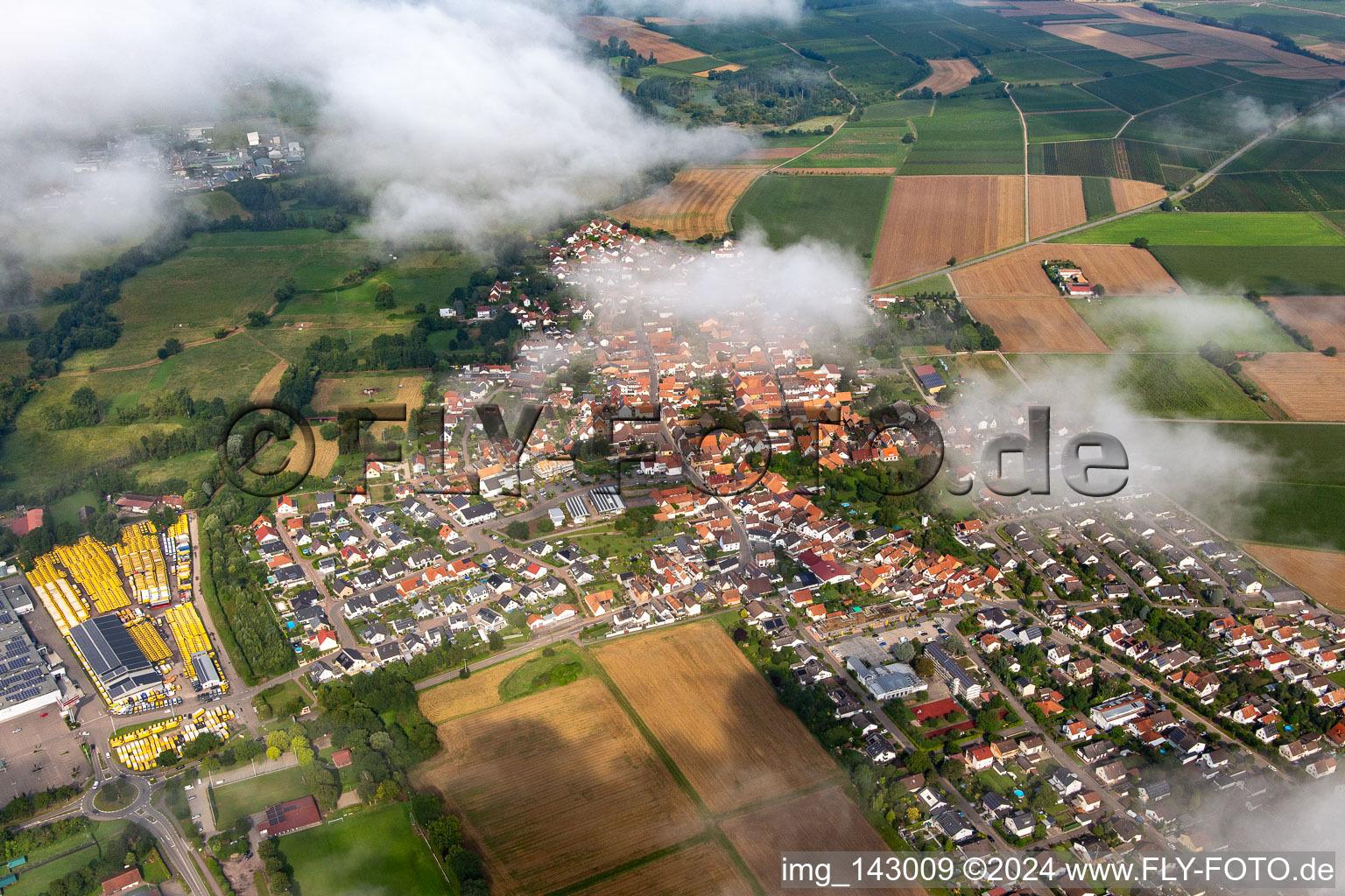 Aerial view of Village under clouds from the east in Rohrbach in the state Rhineland-Palatinate, Germany