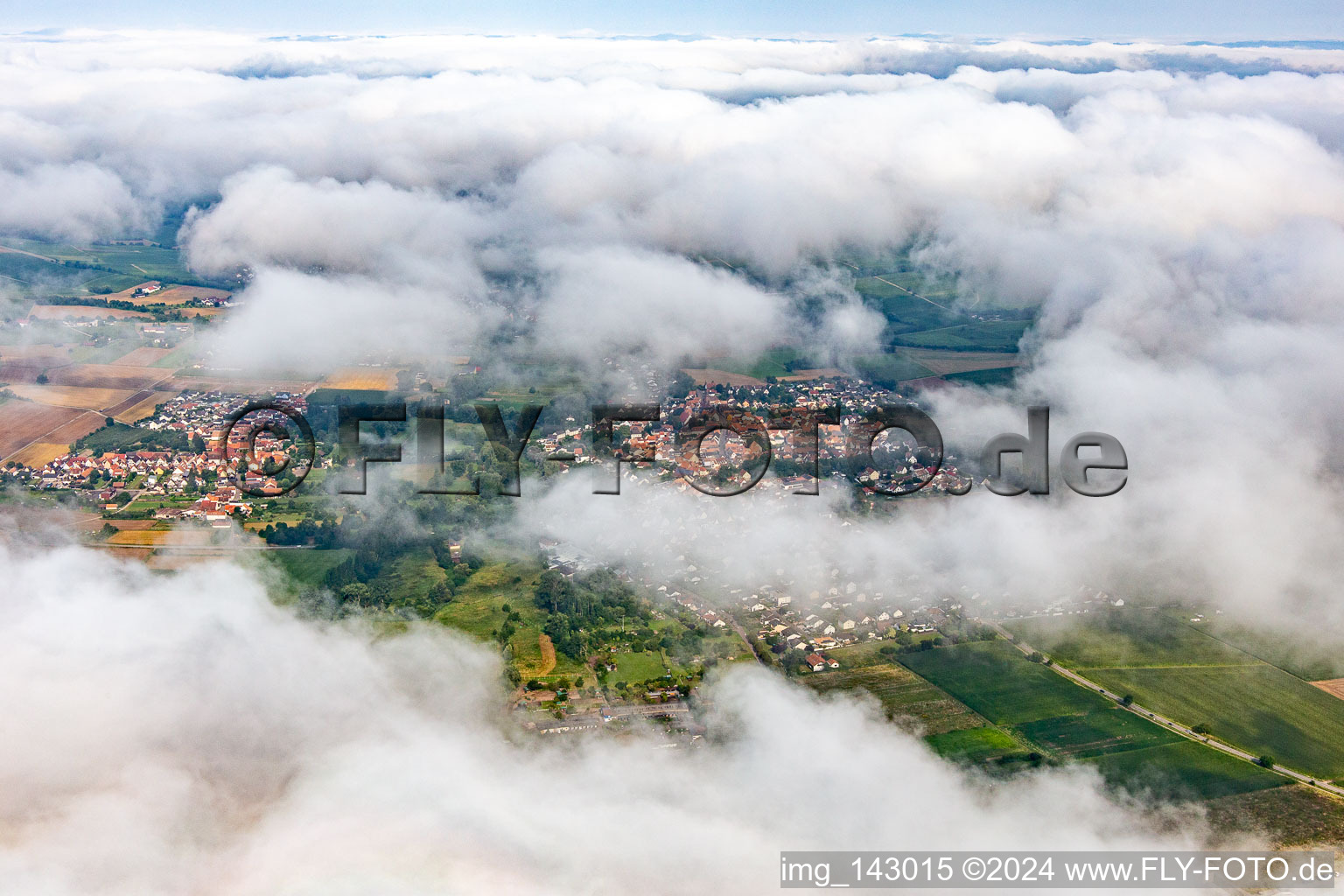 Aerial view of Village hidden under clouds from the east in the district Billigheim in Billigheim-Ingenheim in the state Rhineland-Palatinate, Germany