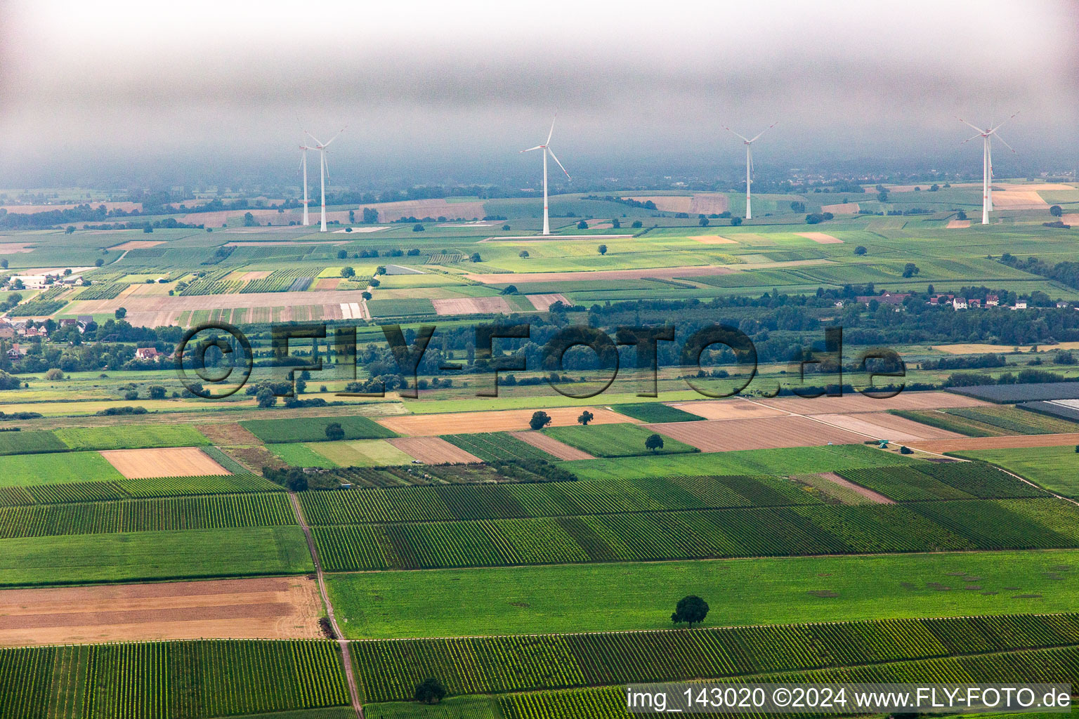 Low clouds over the wind farm Freckenfeld from the north in Freckenfeld in the state Rhineland-Palatinate, Germany