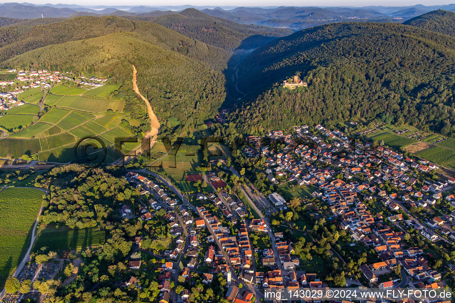 Aerial view of Klingbachtal in Klingenmünster in the state Rhineland-Palatinate, Germany