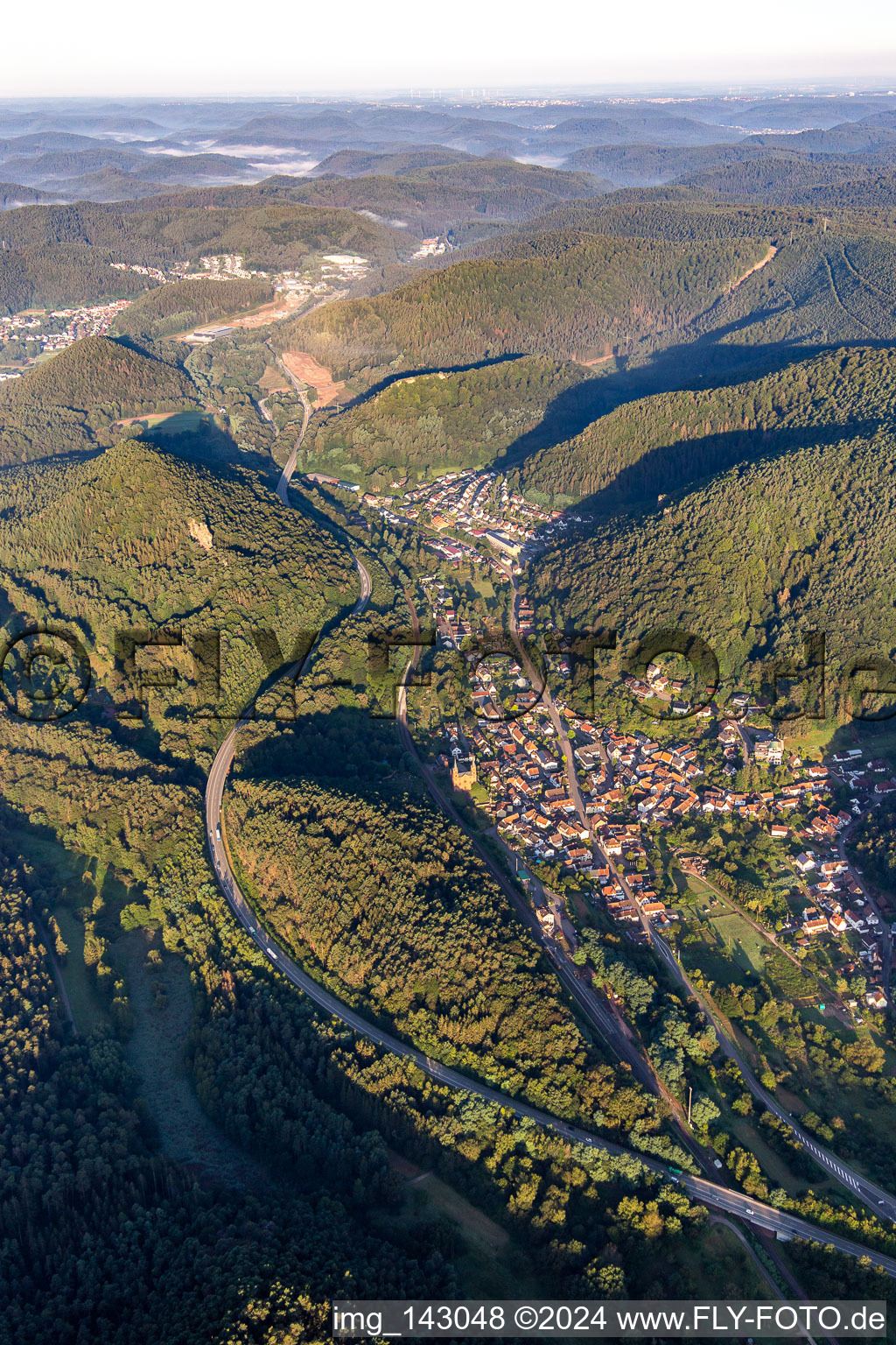 Aerial view of Place in Queichtal with B10 bypass in Wilgartswiesen in the state Rhineland-Palatinate, Germany