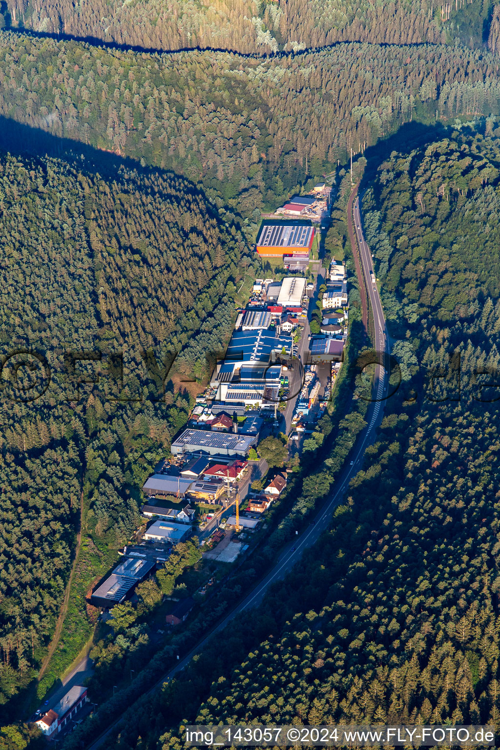 Industrial area on the Alte Bundesstraße with Gundermann, Gusto Palatino GmbH & Co. KG and Schuh Marke Gmbh & Co. Kg and in Hauenstein in the state Rhineland-Palatinate, Germany