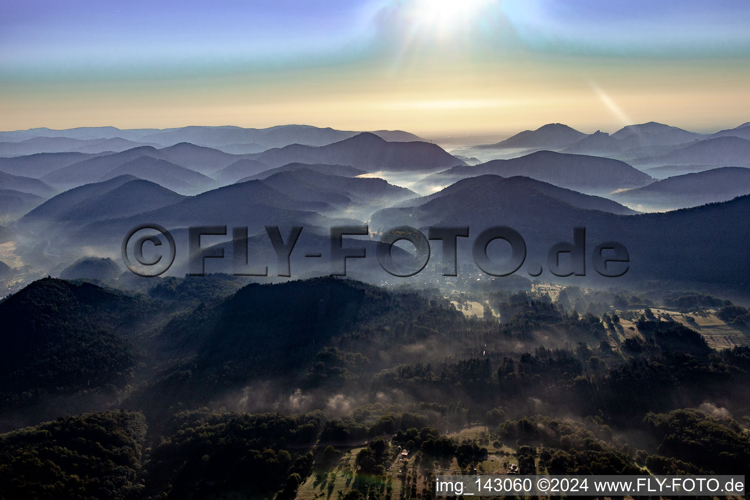 Aerial view of Morning mist in the Queichtal from the west in Spirkelbach in the state Rhineland-Palatinate, Germany