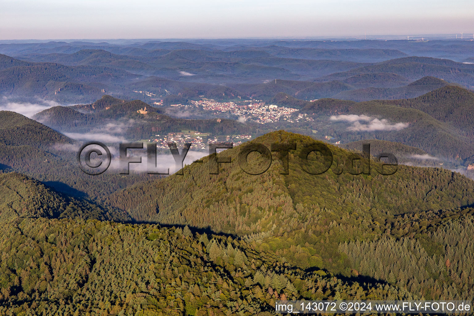 Morning haze in the Wieslautertal from the northeast in Erfweiler in the state Rhineland-Palatinate, Germany