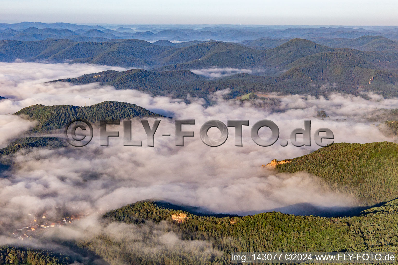 Morning haze in the Wieslautertal from the northeast in Schindhard in the state Rhineland-Palatinate, Germany