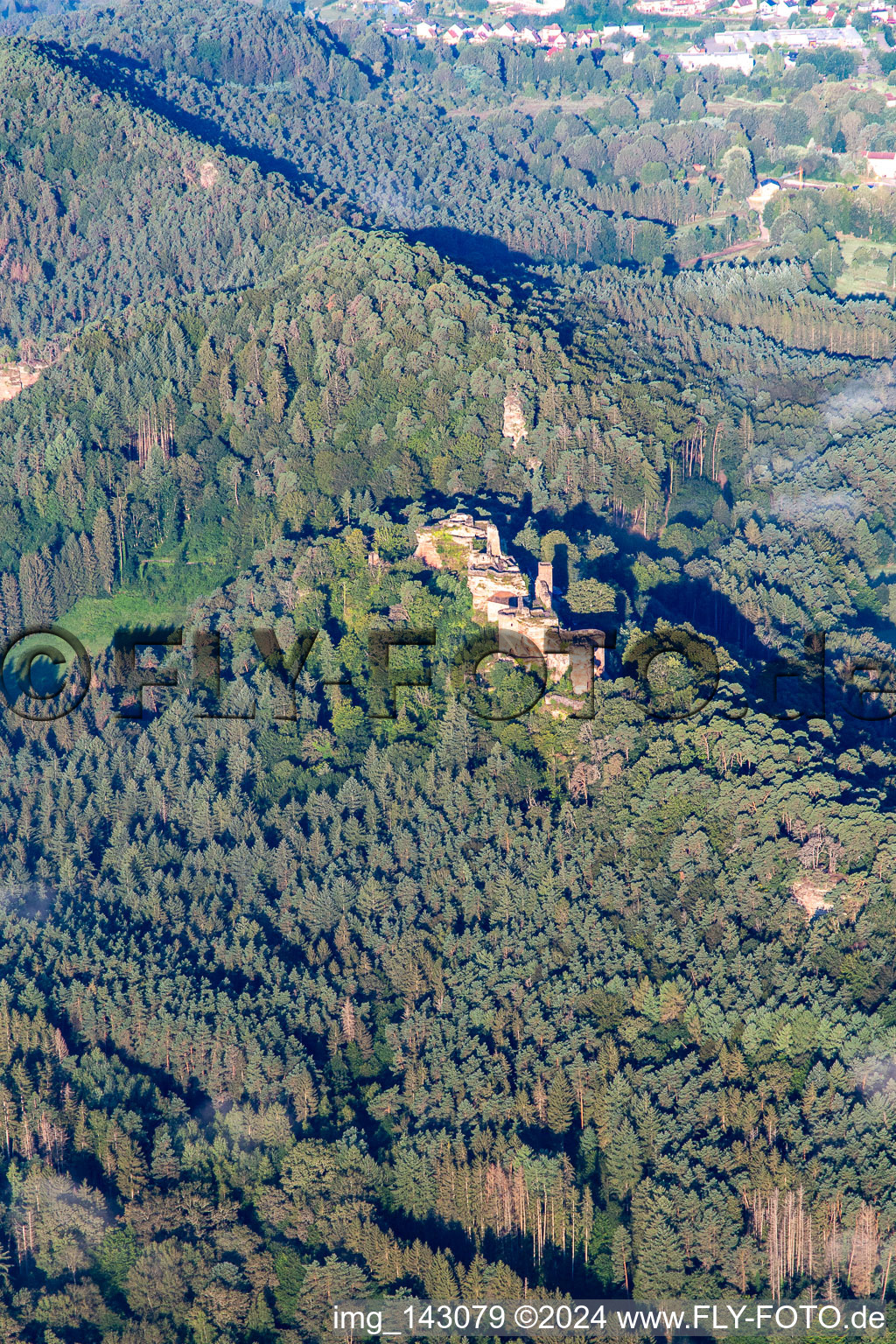 Aerial view of Altdahn castle massif with Granfendahn and Tanstein castle ruins in Dahn in the state Rhineland-Palatinate, Germany