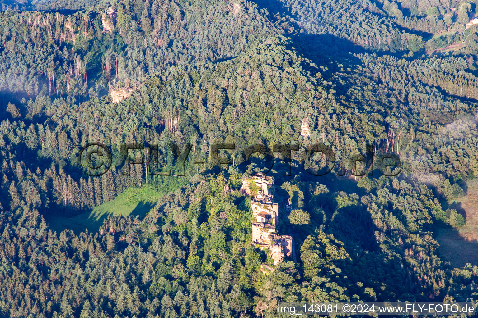 Aerial photograpy of Altdahn castle massif with Granfendahn and Tanstein castle ruins in Dahn in the state Rhineland-Palatinate, Germany