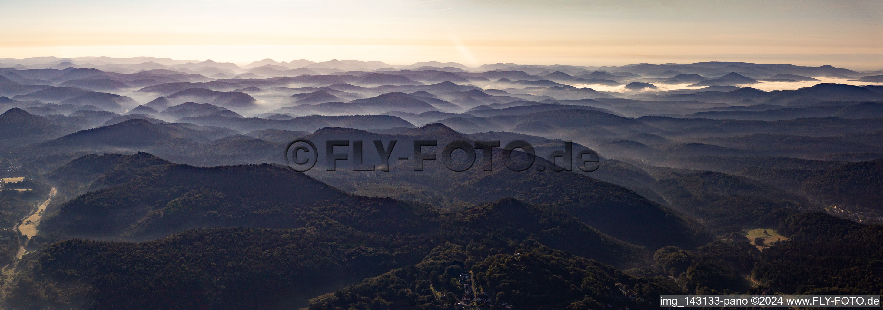 Mountains of the southern Palatinate Forest and the Northern Vosges towards SW in Lemberg in the state Rhineland-Palatinate, Germany