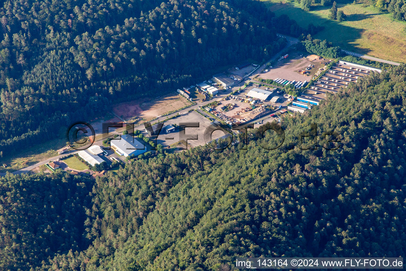 Aerial view of Super-Dubber Kinderland and Magic Power Technology GmbH in the Neudahn business park in Dahn in the state Rhineland-Palatinate, Germany