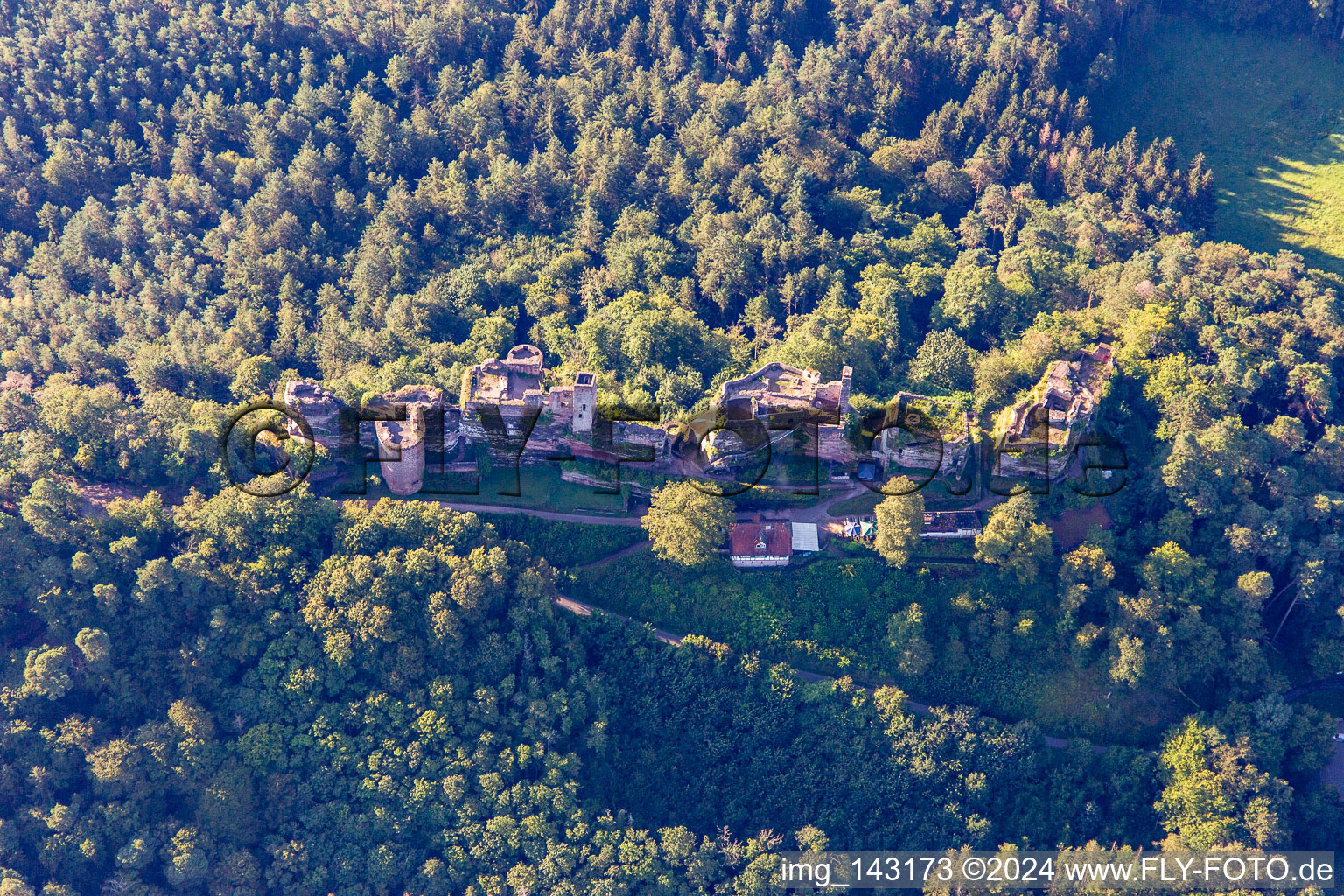 Altdahn castle massif with Granfendahn and Tanstein castle ruins in Dahn in the state Rhineland-Palatinate, Germany from above