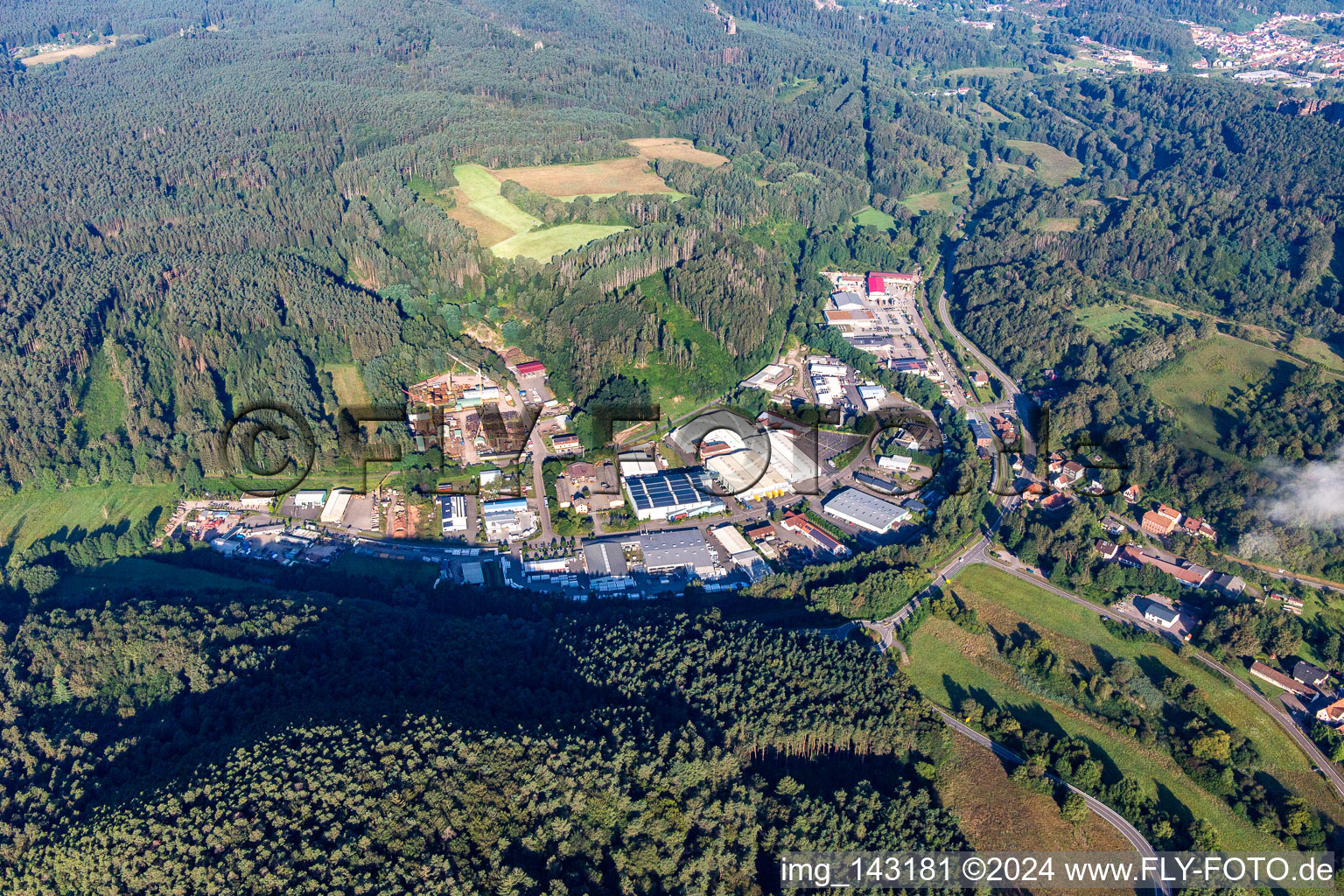 Oblique view of Reichenbach Industrial Area in Dahn in the state Rhineland-Palatinate, Germany