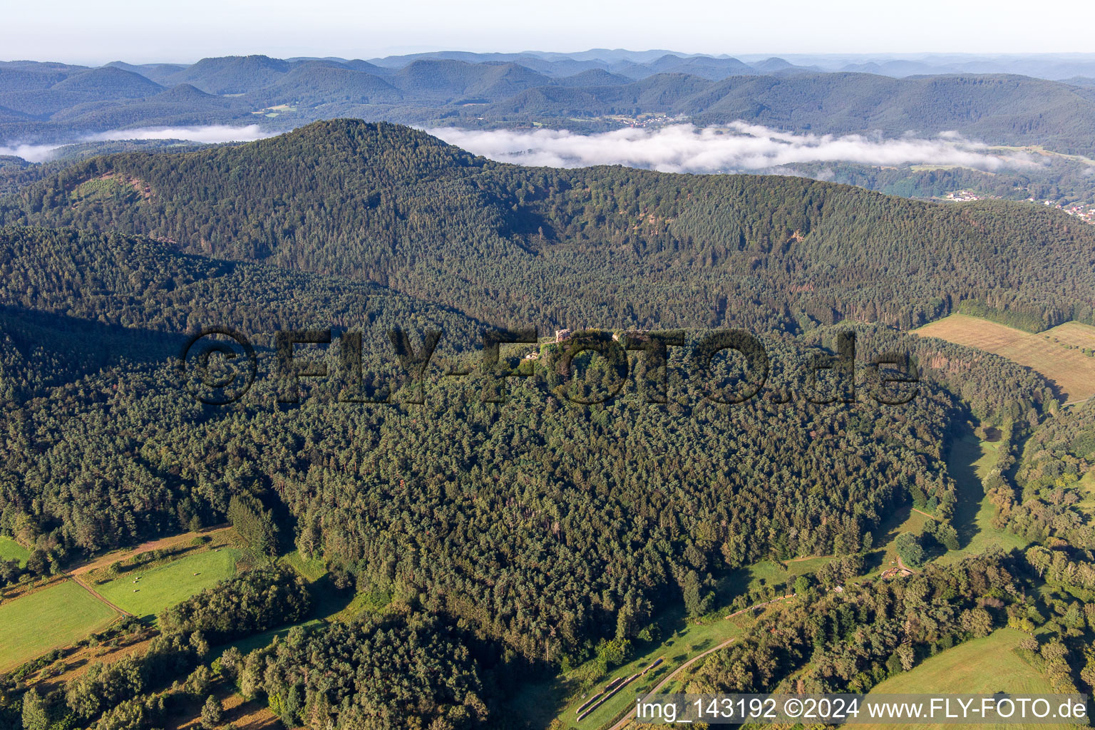 Aerial photograpy of Ruins of Drachenfels Castle in Busenberg in the state Rhineland-Palatinate, Germany