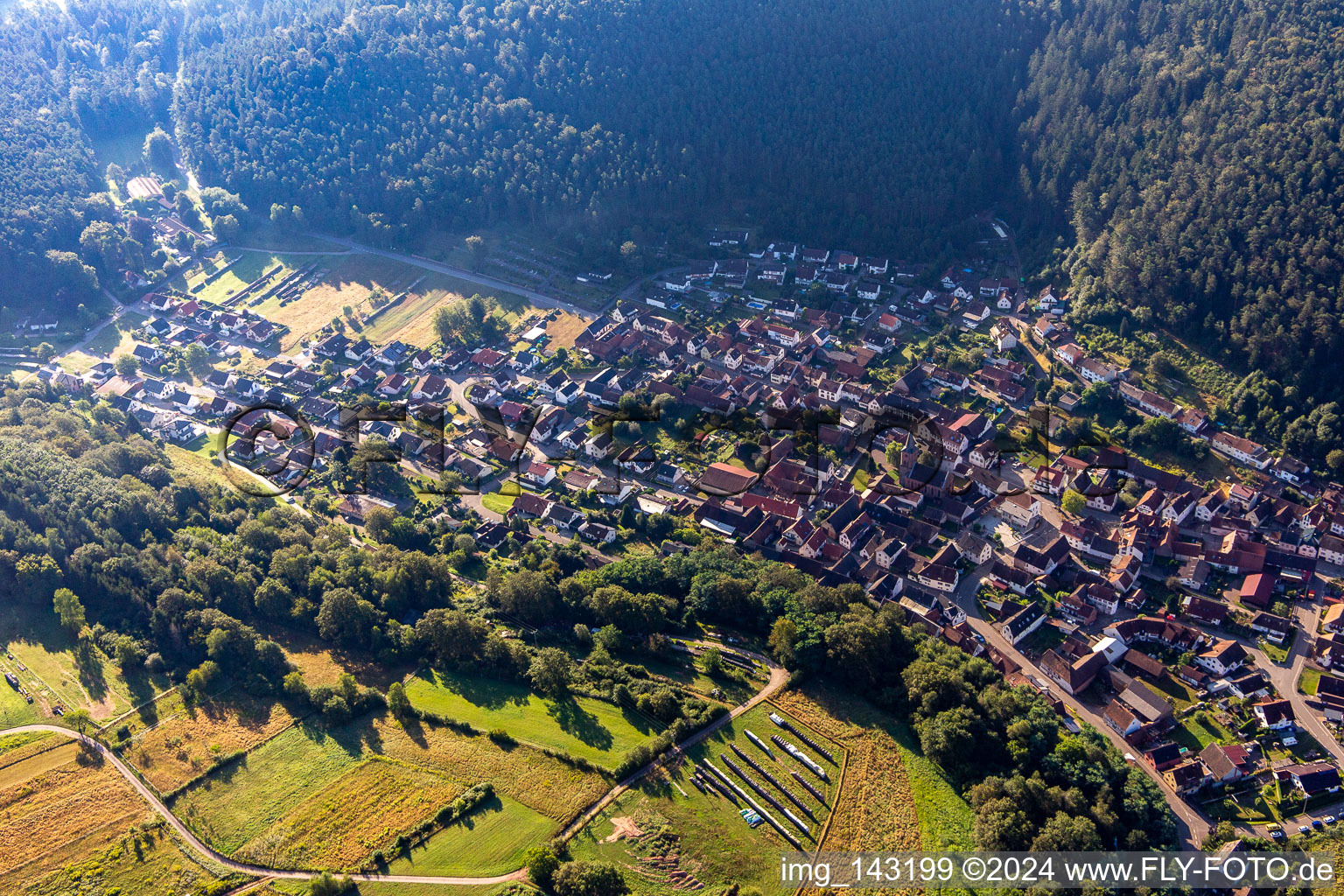 From the northwest in Vorderweidenthal in the state Rhineland-Palatinate, Germany from above