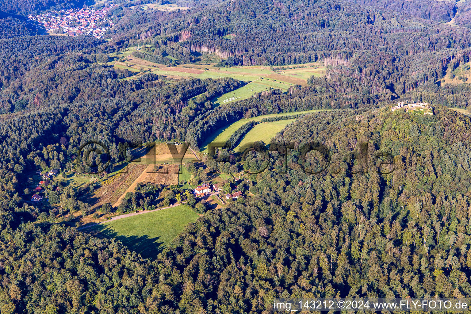 Aerial view of Cramerhaus hut and wild restaurant at the foot of the Lindelbrunn castle ruins in Vorderweidenthal in the state Rhineland-Palatinate, Germany