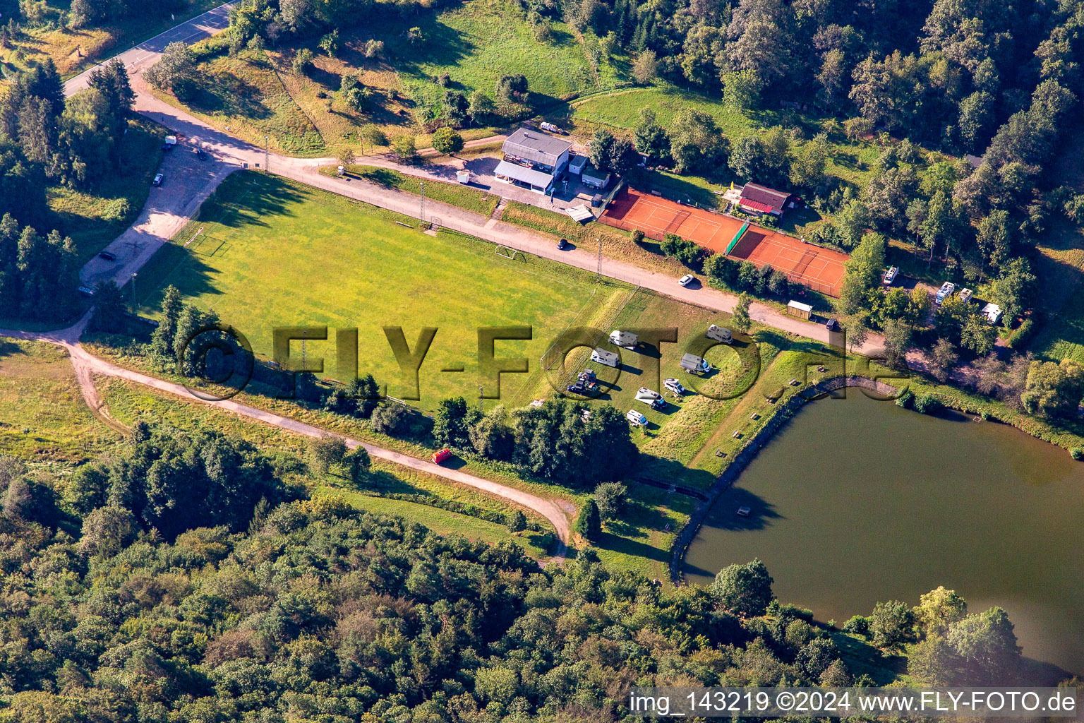 Motorhome parking space at Lake Silz in Silz in the state Rhineland-Palatinate, Germany