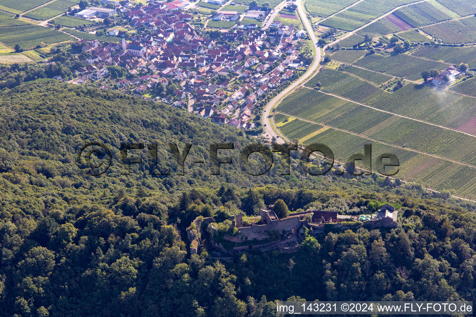 Madenburg, Remains of an 11th century hilltop castle surrounded by forests with restaurant from the west in Eschbach in the state Rhineland-Palatinate, Germany