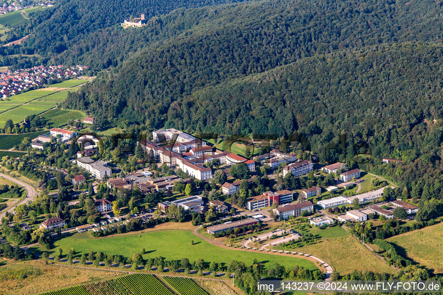 Aerial view of Palatinate Hospital for Psychiatry and Neurology Department of General Psychiatry "Landeck" from the north in Klingenmünster in the state Rhineland-Palatinate, Germany