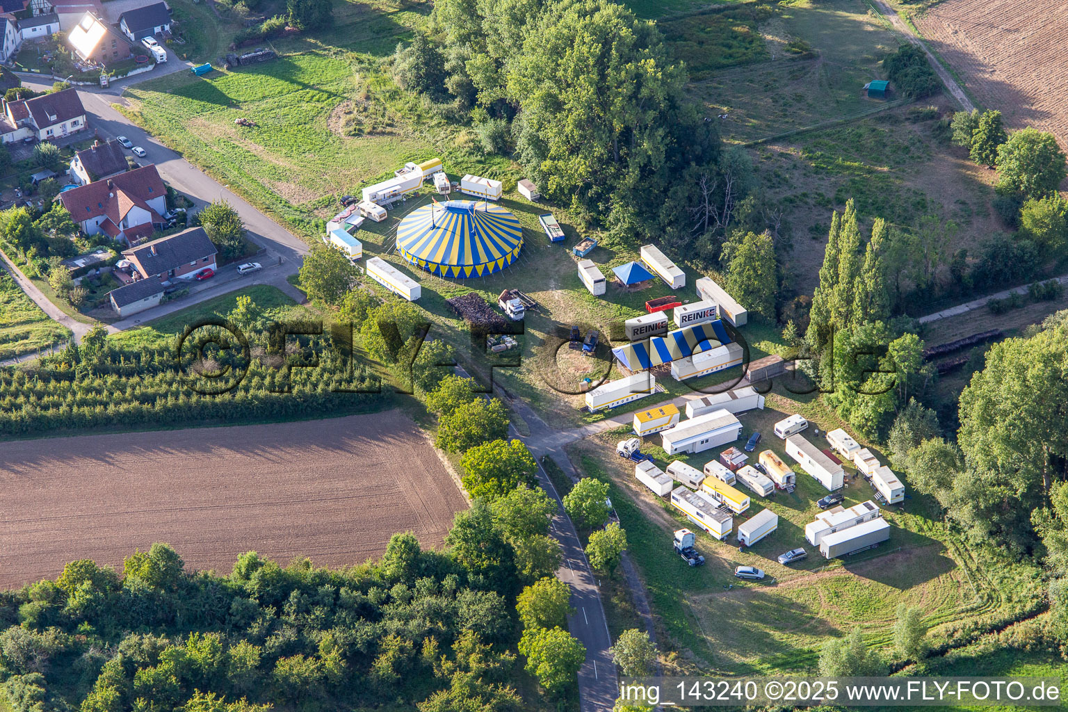 Aerial view of Tent and scales of Circus Probst at Klingbach in the district Klingen in Heuchelheim-Klingen in the state Rhineland-Palatinate, Germany