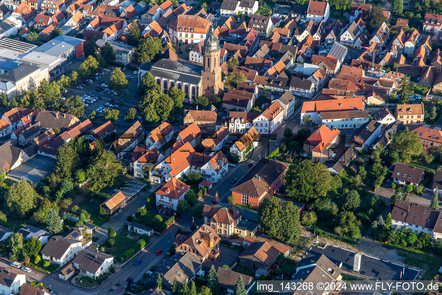 Market square and St. George's Church of the Protestant parish Kandel from the northwest in Kandel in the state Rhineland-Palatinate, Germany