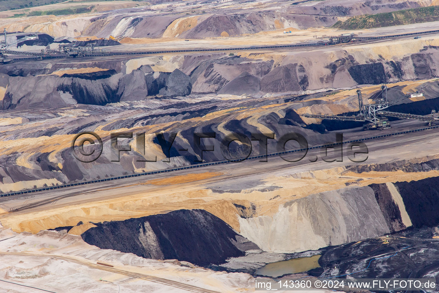 Interestingly colored layers of overburden and coal in the Garzweiler opencast lignite mine in the district Borschemich in Erkelenz in the state North Rhine-Westphalia, Germany