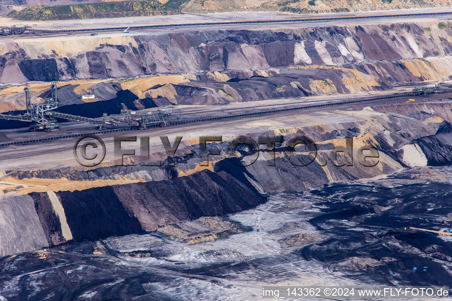 Aerial view of Interestingly colored layers of overburden and coal in the Garzweiler opencast lignite mine in the district Borschemich in Erkelenz in the state North Rhine-Westphalia, Germany