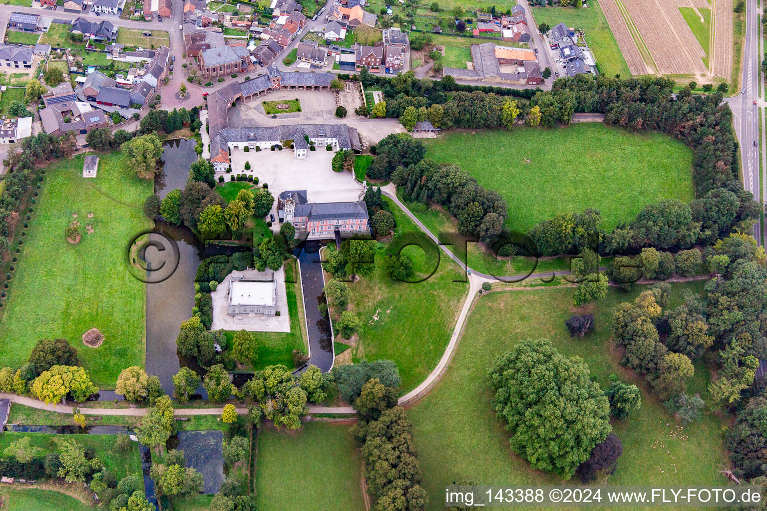 Aerial photograpy of Castle Rurich in the district Rurich in Hückelhoven in the state North Rhine-Westphalia, Germany