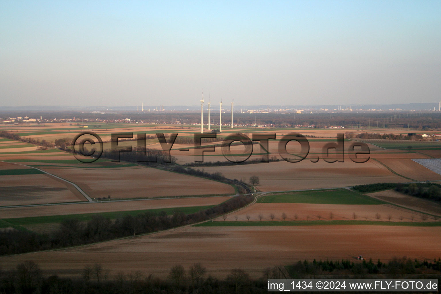 Wind turbines from the west in Minfeld in the state Rhineland-Palatinate, Germany