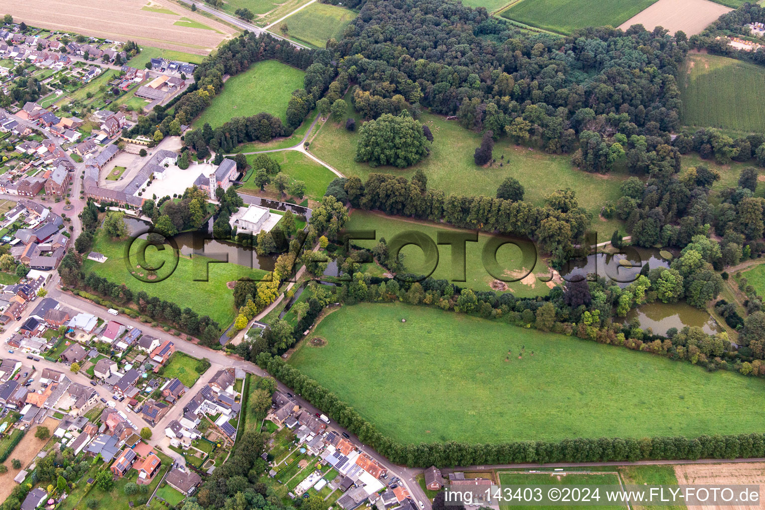Castle Rurich in the district Rurich in Hückelhoven in the state North Rhine-Westphalia, Germany from the plane