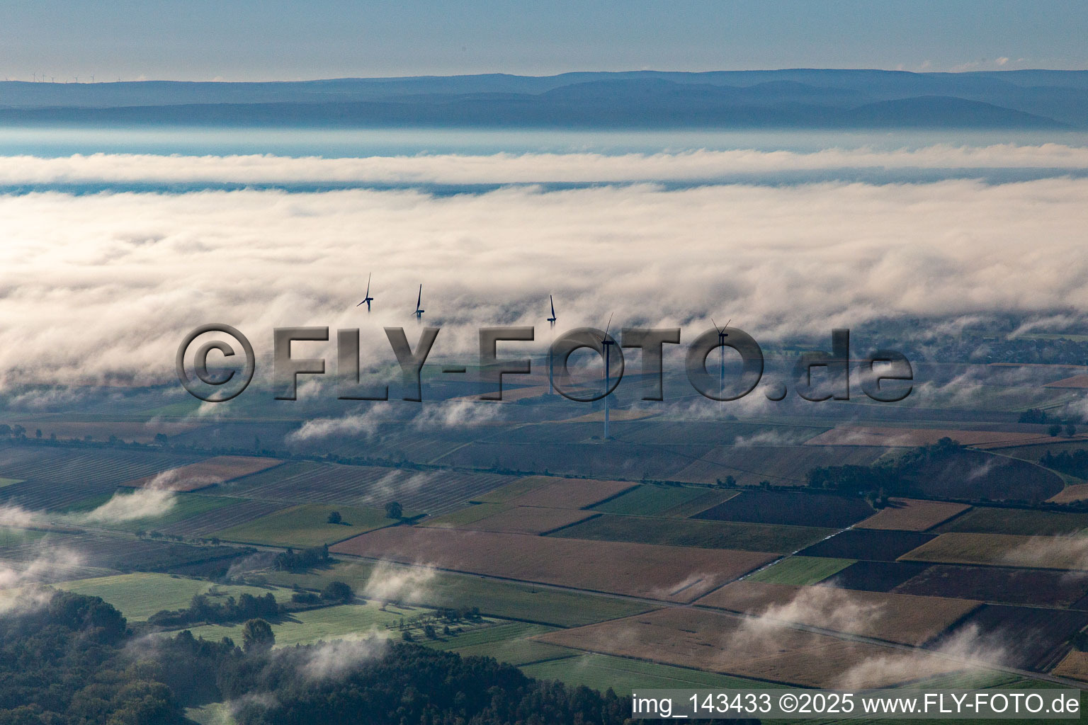 Wind farm at Minfeld in clouds in Minfeld in the state Rhineland-Palatinate, Germany