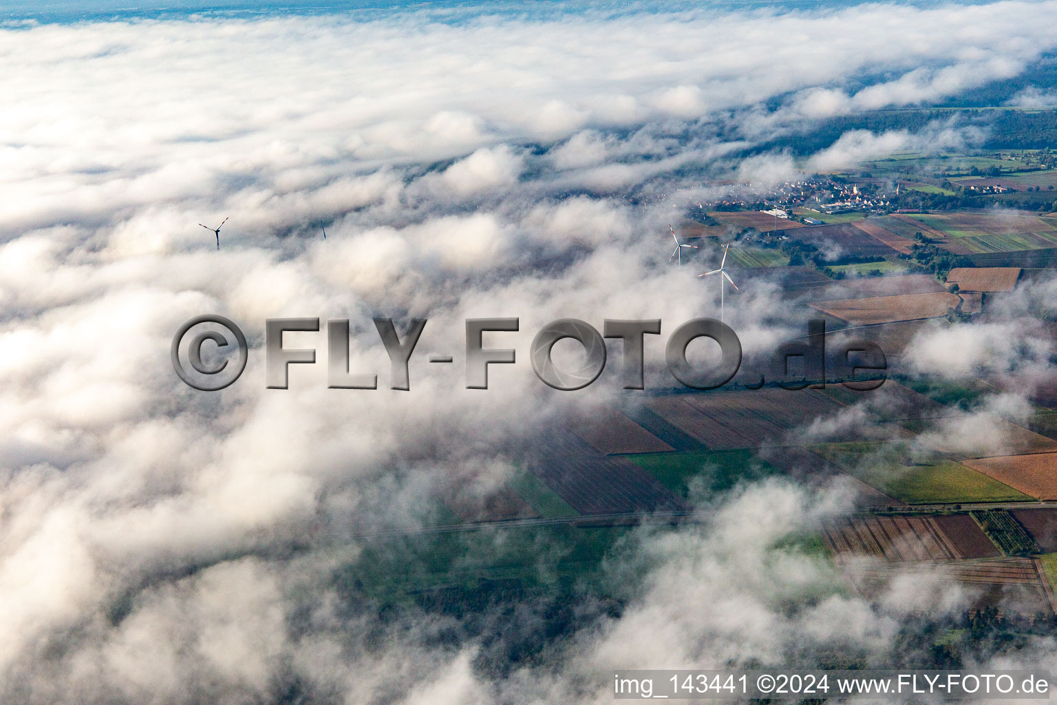 Wind farm at Minfeld partly in clouds in Minfeld in the state Rhineland-Palatinate, Germany