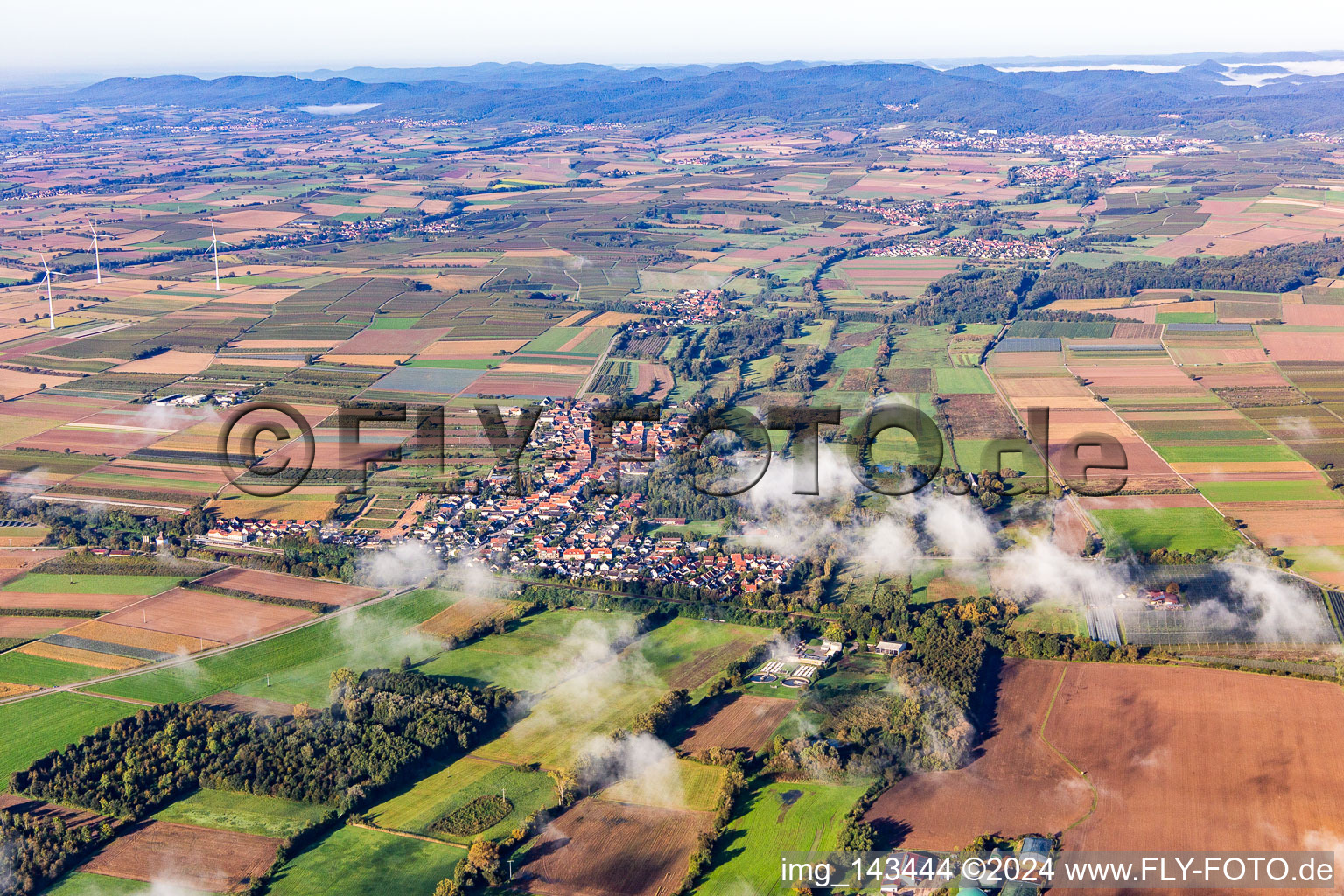 Aerial view of Village with clouds from the east in Winden in the state Rhineland-Palatinate, Germany