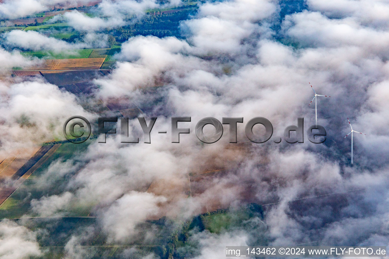 Oblique view of Wind farm at Minfeld partly in clouds in Minfeld in the state Rhineland-Palatinate, Germany