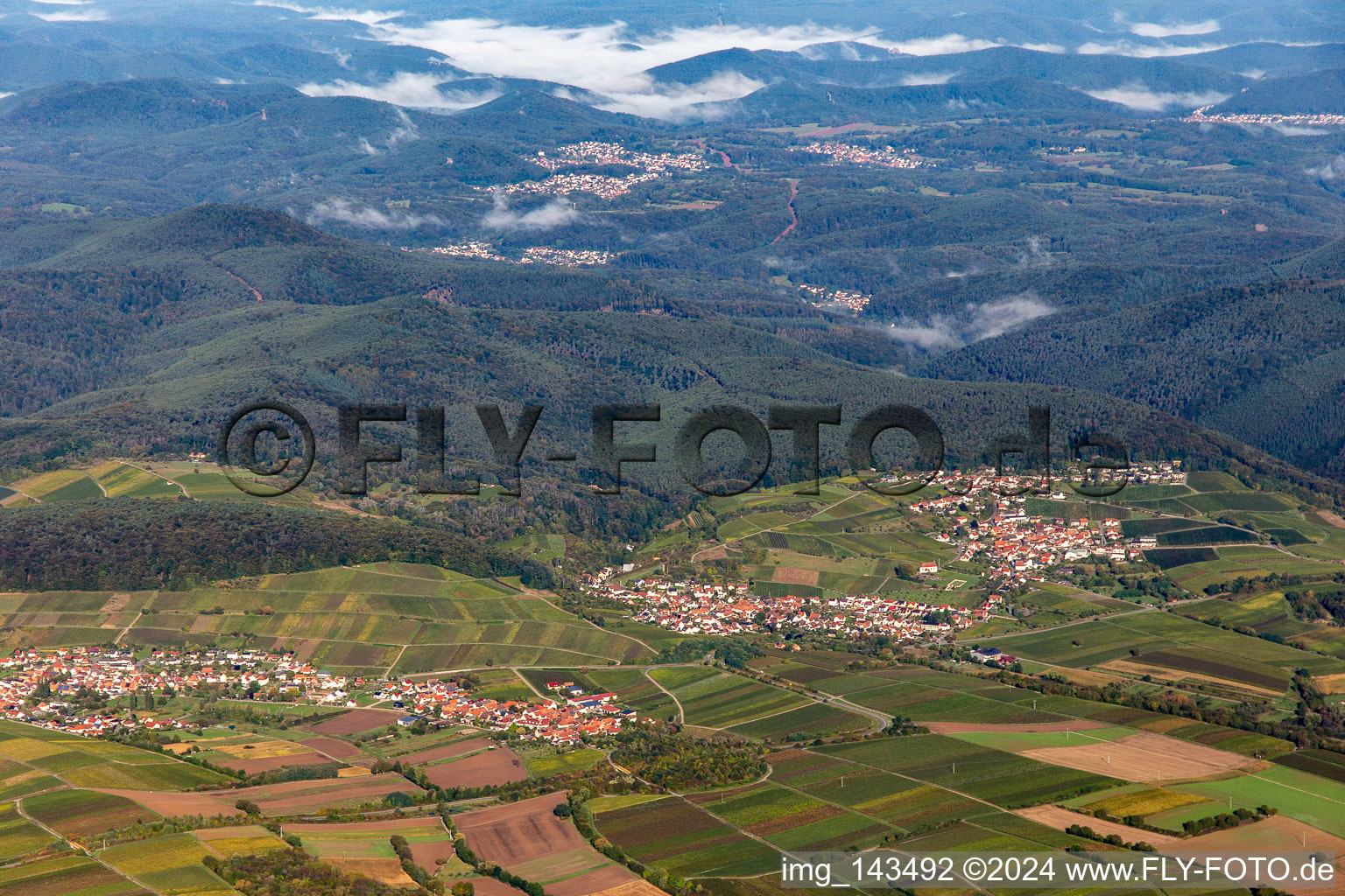 Town from the east in the district Gleishorbach in Gleiszellen-Gleishorbach in the state Rhineland-Palatinate, Germany