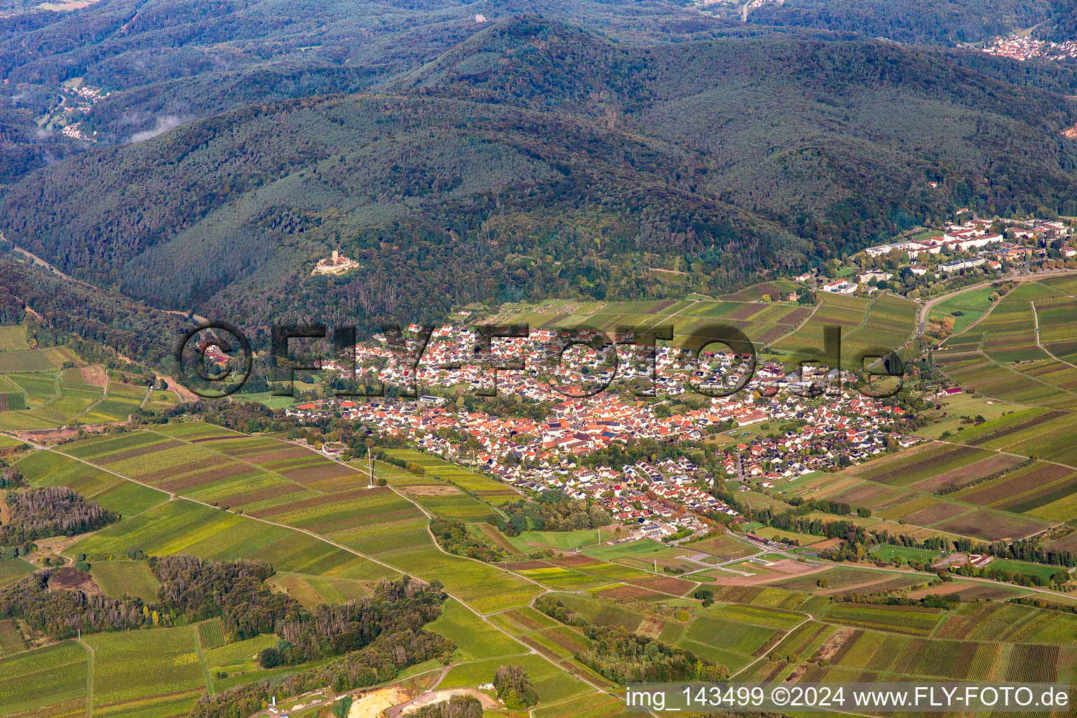 Aerial view of Town from the east in Klingenmünster in the state Rhineland-Palatinate, Germany