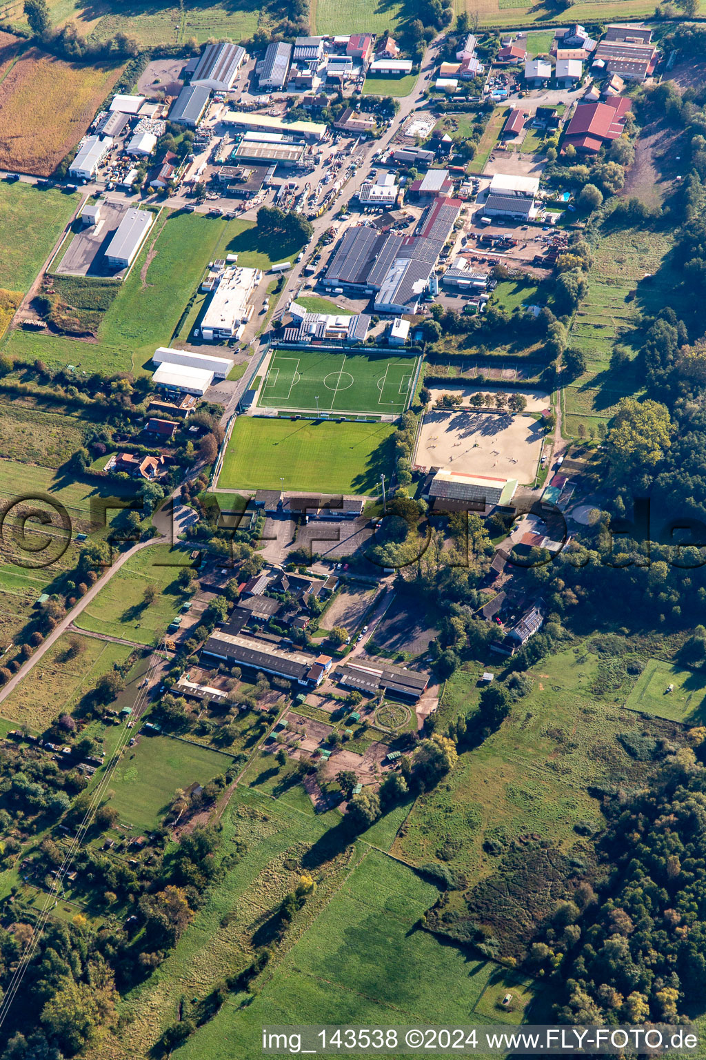 Aerial view of Industriestraße with TSV Fortuna football field in Billigheim-Ingenheim in the state Rhineland-Palatinate, Germany