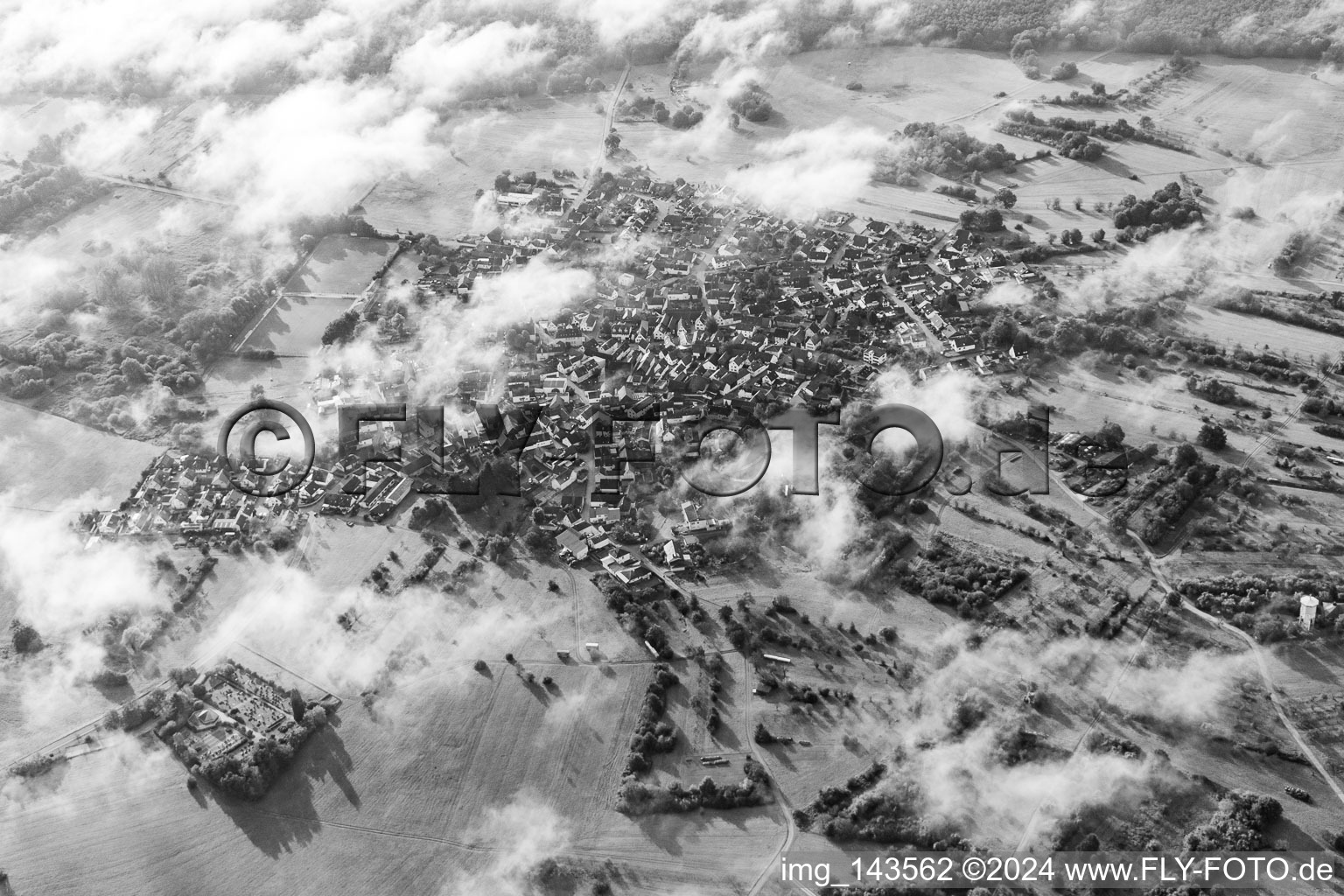 Aerial photograpy of An island in the Bienwald under clouds in the district Büchelberg in Wörth am Rhein in the state Rhineland-Palatinate, Germany